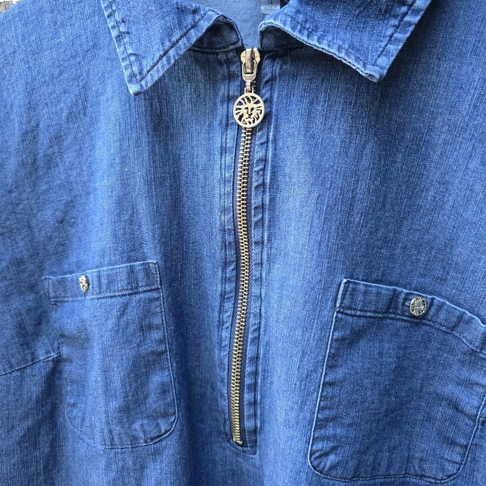 Anne Klein Indigo Chambray Look Shirt Dress Size 14 Half Zip Roll Tab Sleeves - Picture 5 of 10
